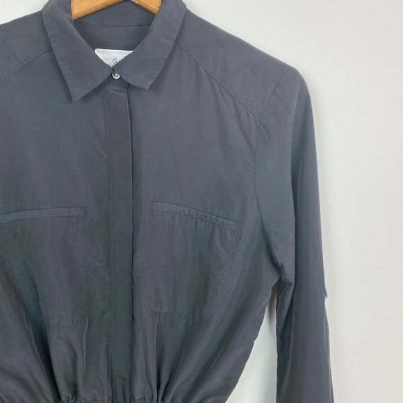 Lou & Grey Shirt Dress Womens Small Black Button Up Tie Waist Long Tabbed Sleeve - Picture 6 of 12